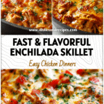Close-up of chicken enchilada skillet with melted cheese, salsa, and chopped herbs.